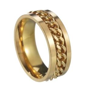 Gold Stainless Steel Chain Spinner Ring | Fidget Band Cuban Link Center